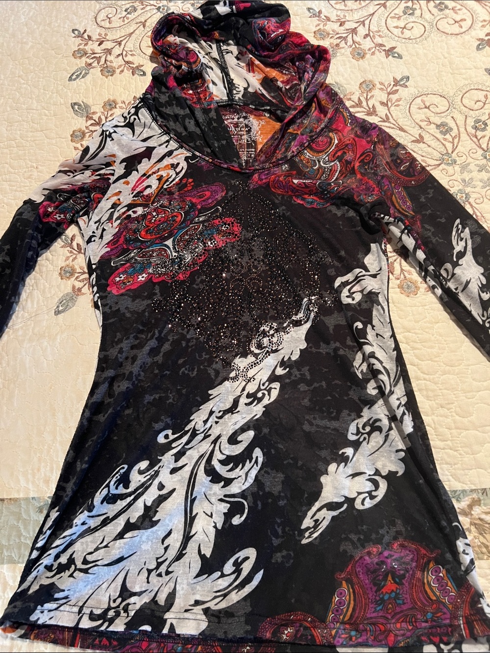 V Cristina Black Hooded Long Sleeve Top with Pink and White Paisley Accents